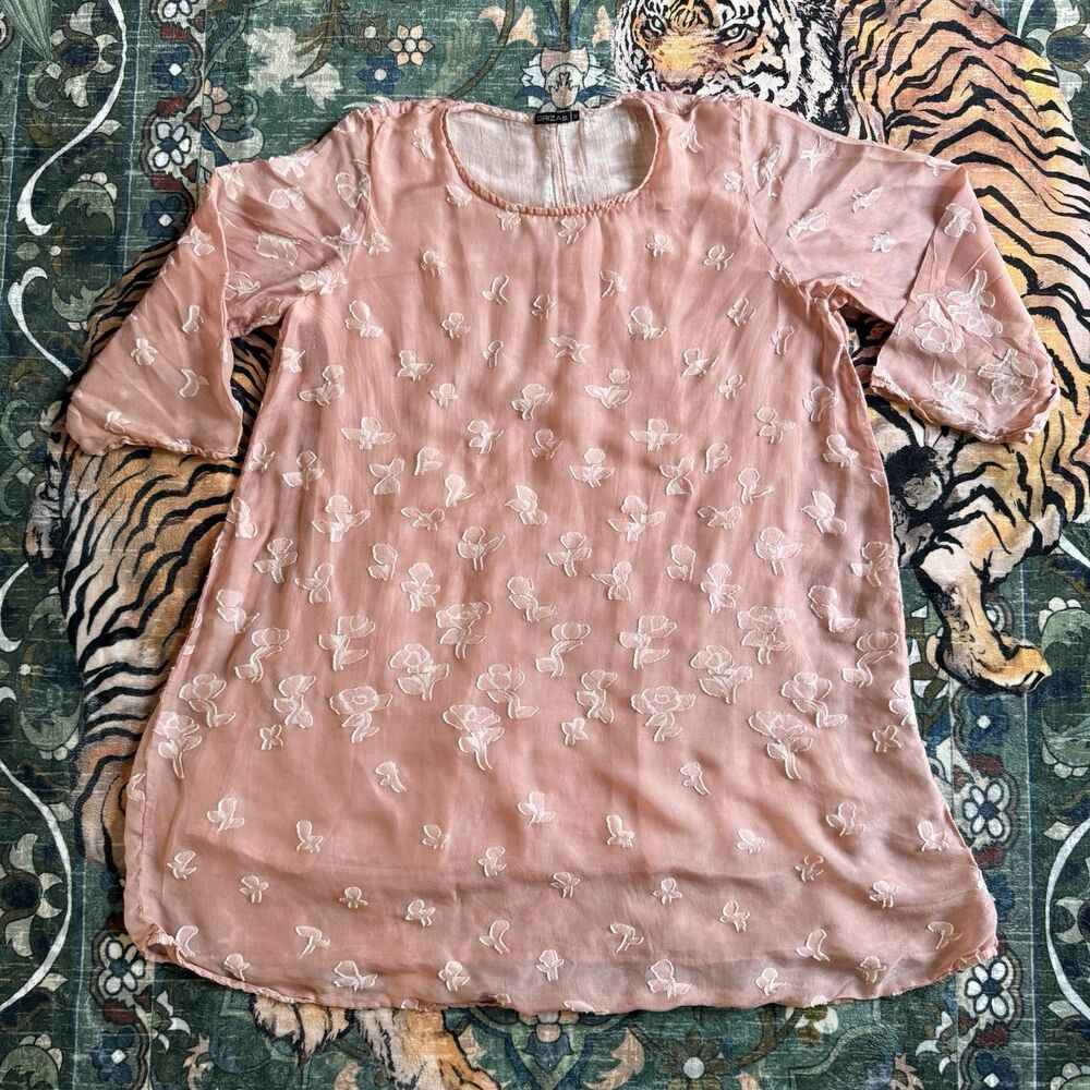 GRIZAS Pink Embroidered Silk Blend Floral Butterfly Blouse Women’s M